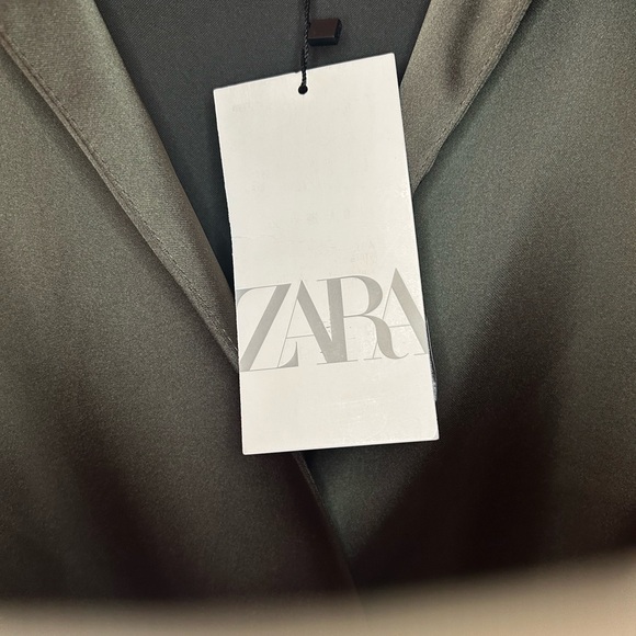 Zara Olive Satin Faux Wrap Long Sleeve Mini Dress - Picture 6 of 14